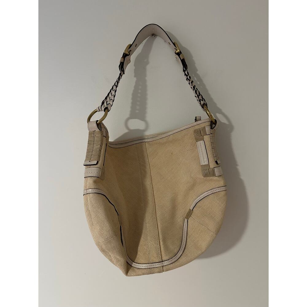 Coach VTG Tan Natural Braided Leather Soho Canvas Beige GUC Buckles Gold Purse - Picture 5 of 15